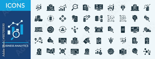 Business analytics - Icon Collection. Thin Solid Set contains such Icons as key performance indicator, data quality, customer segmentation and more. Simple web icons set