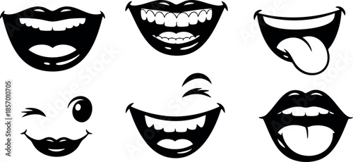 Smiling mouth expressions with winking and tongue out vector icons set 