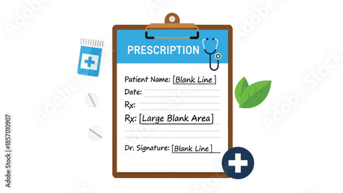 A prescription pad with a stethoscope is shown with a bottle of pills and leaves, representing medical care and health.