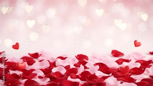 Valentines Day romantic background with ample copy space featuring scattered red and pink rose petals elegant minimalist design soft lighting premium aesthetic festive love celebration composition