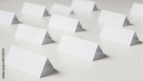 Blank white folded paper name tags or place cards arranged neatly on a light surface.