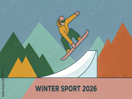 Flat illustration of snowboarder performing jump on winter ramp with mountains background, modern winter sport concept for 2026 season. Vector illustration