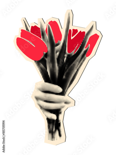 Halftone hand holding bunch of red tulips Cut out of magazine spring flowers, vintage sticker with dot texture and doodles Modern retro grunge mixed media vector illustration for collage and scrapbook