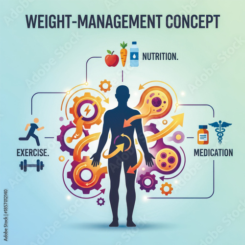 Health and wellness infographic showing weight management system with nutrition, exercise, metabolism and medication around human body silhouette.. Vector illustration