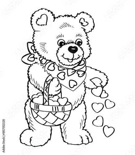 Teddy Bear with Heart Basket: A lovable teddy bear, clutching a basket filled with hearts, spreads love. A whimsical scene perfect for cards, and romantic gestures.