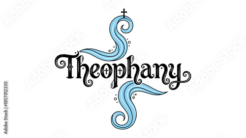 Theophany decorative cross design with flowing blue elements  