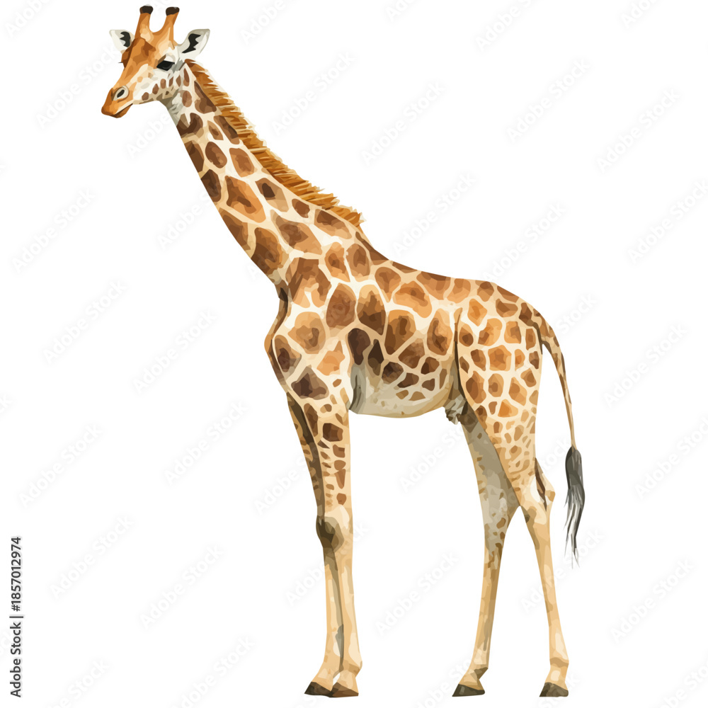 Obraz premium Giraffe, watercolor clipart showing delicate textures and whimsical forms, isolated on a white background.