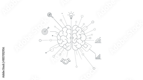 A stylized line drawing of a human brain is depicted centrally, surrounded by various icons representing business, ideas, and data analysis, suggesting a concept of strategic thinking and innovation.