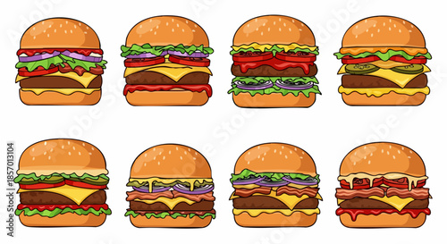Collection of delicious gourmet burgers with various toppings.