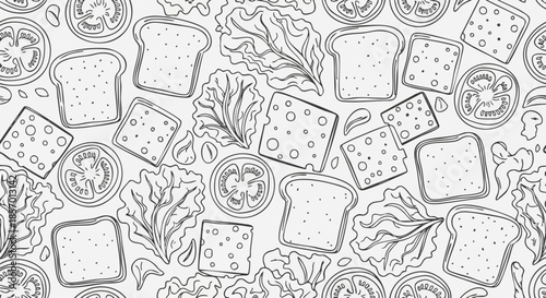 Sandwich Ingredients Pattern - Bread, Cheese, Lettuce, and Tomato Outline.