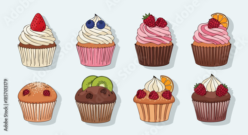 Assortment of colorful cupcakes and muffins with various toppings.