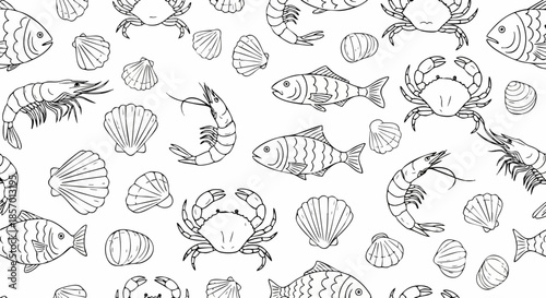 Seafood pattern with fish, shrimp, crab, and shells.