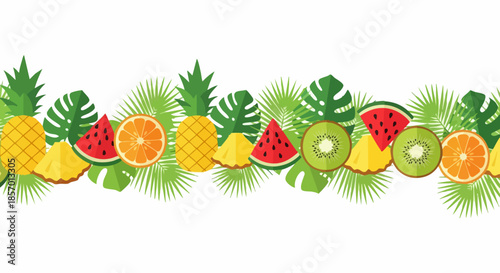 Colorful tropical fruit border with pineapple watermelon kiwi and orange slices.
