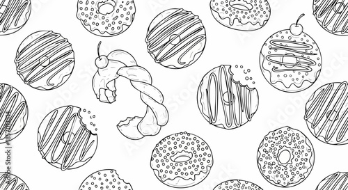 Hand drawn black and white donut pattern with various sweet pastries.