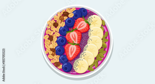 Colorful Acai Bowl with Fresh Fruits and Granola Toppings.