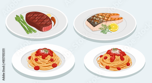 Assortment of delicious cooked meals on white plates.