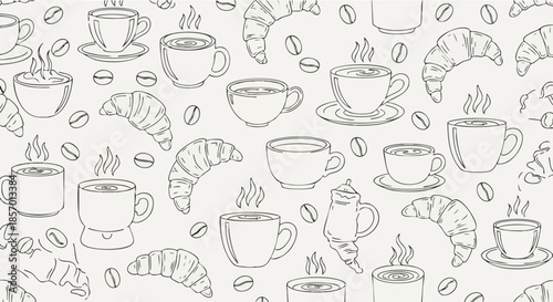 Hand Drawn Coffee Cups and Croissants Pattern.