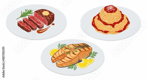 Delicious gourmet dishes featuring steak salmon and pasta on white plates.