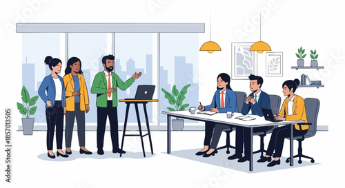 Diverse engineering team presents project plans to business executives in office meeting.