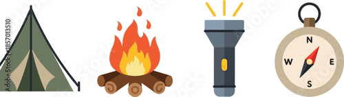 Set of 4 camping icons flat design tent campfire flashlight and compass