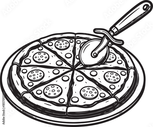 A hand-drawn of a delicious pepperoni pizza sliced and ready to be served, with a pizza cutter resting on food-related themes also transparent background