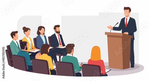 Business Presentation with Speaker and Audience in a Conference Room Setting.