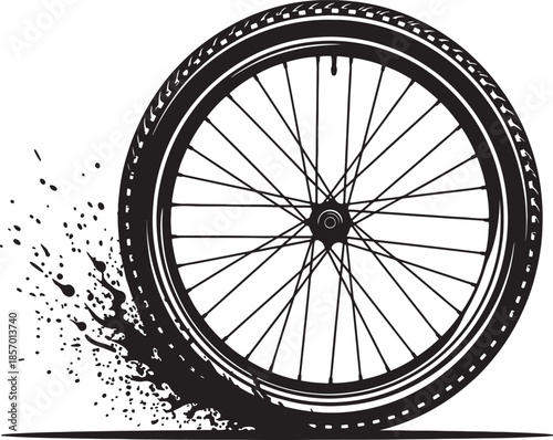 Close-up silhouette of a bicycle wheel with a tire leaving a spray of dirt and debris on the ground also transparent background