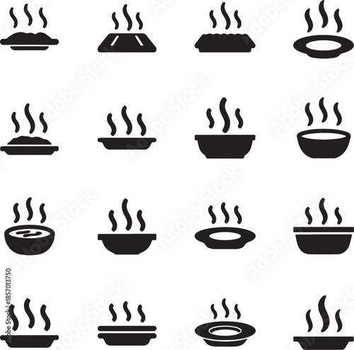 Collection of black representing steaming hot food dishes in various bowl and plate shapes with rising steam lines indicating warmth and freshness also transparent background