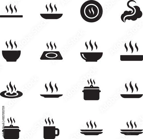 Collection of black silhouette representing various hot food and drink emitting steam, including bowls, plates, and a pot also transparent background