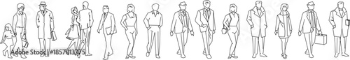 A comprehensive vector collection of minimalist line art people featuring various outfits, coats, and accessories for architectural scale use.