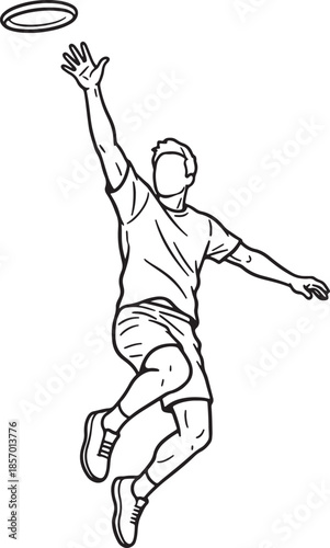 Dynamic black and white line of a person jumping to catch a frisbee in mid-air, capturing the athleticism and excitement of outdoor sports activity also transparent background