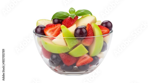 Fresh fruit salad in glass bowl isolated PNG, healthy dessert with strawberries, cherries, green apple and basil on transparent background