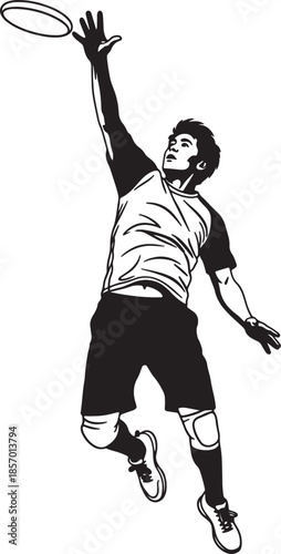 Dynamic black and white of an athlete in mid-air, reaching up to catch a frisbee, showcasing athletic prowess, focus, and the excitement of a sports game also transparent background
