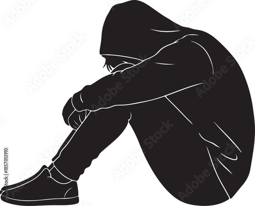 Silhouette of a person in a hooded sweatshirt sitting huddled with knees to chest, conveying sadness or despair also transparent background