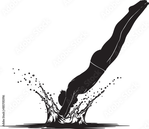 Silhouette of a male diver in mid-air plunging into water creating a splash and droplets diving swimming also transparent background