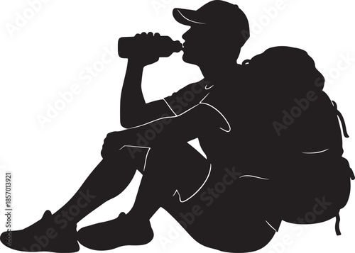 Silhouette of a hiker with a backpack drinking from a water bottle, resting after a strenuous outdoor activity, a symbol of endurance and hydration also transparent background