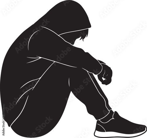 Silhouette of a person in a hooded sweatshirt sitting with knees drawn up, conveying feelings of sadness or isolation also transparent background