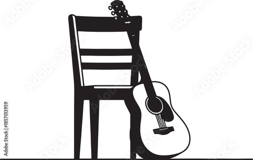 Silhouette of an acoustic guitar leaning against a wooden chair, symbolizing music, performance, and solitude in a minimalist artistic style also transparent background