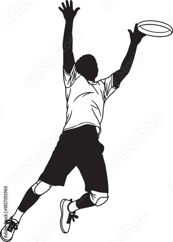 Silhouette of an athletic person in mid-air, jumping to catch a frisbee, showcasing dynamic movement and the sport of ultimate frisbee also transparent background