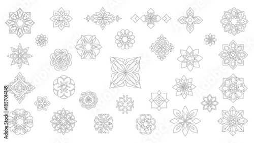 A collection of intricate, geometric mandala-like patterns and decorative elements are displayed on a white background, showcasing symmetrical designs.