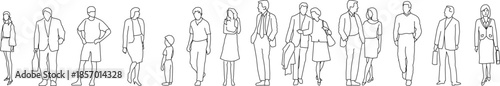 A comprehensive vector set of minimalist line drawings featuring men, women, couples, and children in various casual and professional postures.