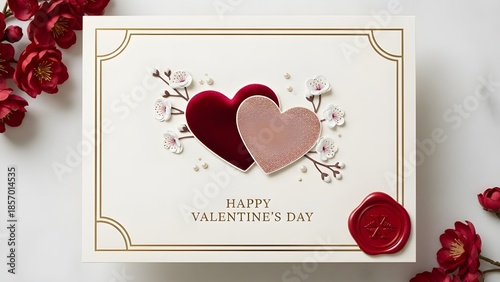 Premium Valentines greeting design featuring elegant roses hearts soft romantic lighting luxurious composition sophisticated copy space floral details festive love celebration high-quality aesthetics
