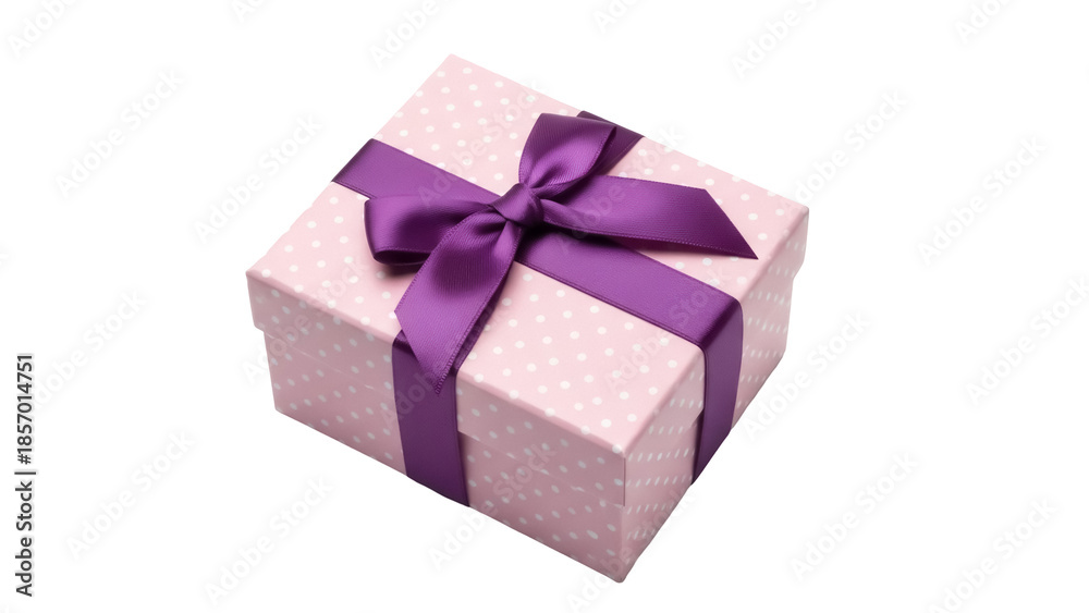 Obraz premium Pink gift box with purple ribbon isolated PNG, polka dot present for birthday celebration and special occasion