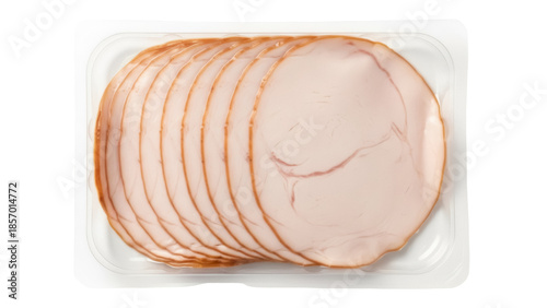 Sliced turkey breast in plastic container isolated PNG, deli meat for sandwiches and charcuterie boards on transparent background