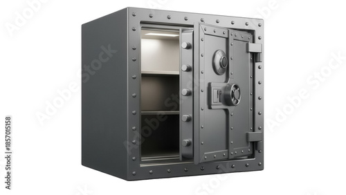 Foto Open metal safe with shelves isolated PNG on transparent background, strongbox f