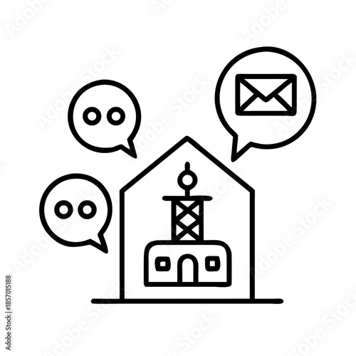 Minimal thin line integrated communication home icon. Broadcast station sending message and chat bubble. Vector symbol for app, web design vector illustration