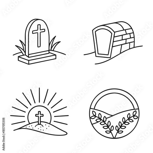 Thin line icon set for Easter, 4 icons in a 2x2 grid representing resurrection, tomb, cross, and wreath. Vector illustration for religious holiday
