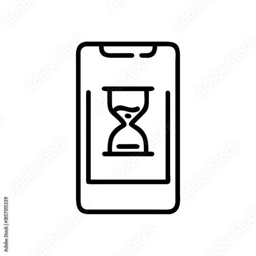 Screen time limit smartphone with an hourglass symbol on the display; digital detox, internet control, parental restriction, vector line icon