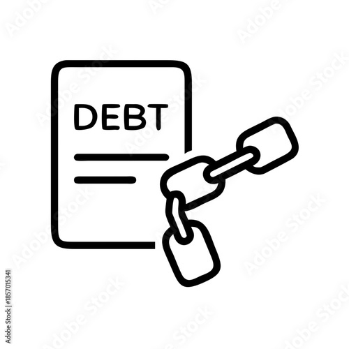 Outline icon of a debt document shackled by a chain, representing financial obligation and repayment tracking. Vector symbol for loan management and broke concept