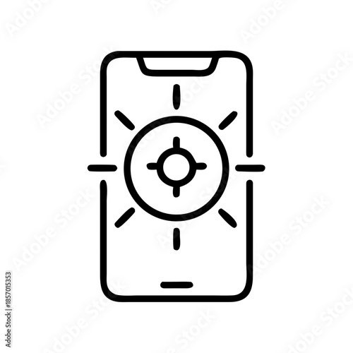 Outline icon of a smartphone with a target symbol in focus mode, representing concentration or a focused task. Vector illustration for app design, web.